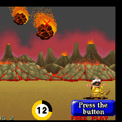 Volcano Battle pixel art scene with erupting volcanoes and fiery explosions.