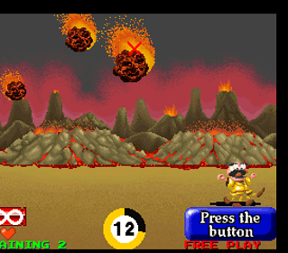 Volcano Battle pixel art scene with erupting volcanoes and fiery explosions.