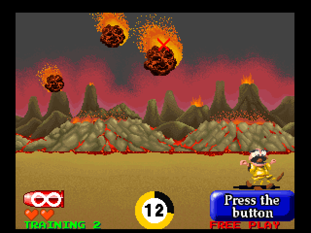 Volcano Battle pixel art scene with erupting volcanoes and fiery explosions.