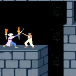 Pixel art medieval sword fight game scene with two knights battling on castle ledge.