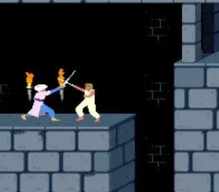 Pixelated medieval sword fight game on castle battlements.
