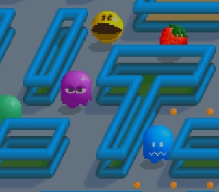 Pixelated Pac-Man-themed maze game with colorful ghosts and fruits.