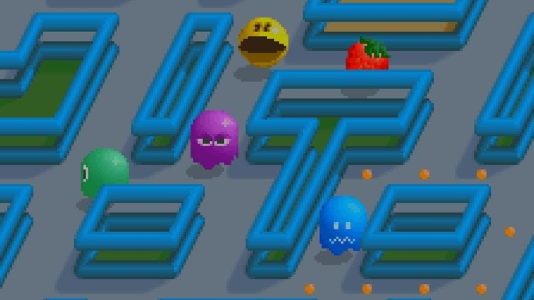 Pixelated Pac-Man maze with colorful ghosts and fruit collectibles.