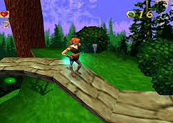 A young boy jumping over a tree branch in a colorful 3D forest environment.