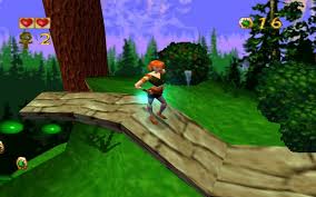A young boy running on a wooden bridge in a lush, green forest landscape.
