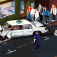 Accident scene with a white car crash, police officer, and bystanders in a city street, pixel art style.