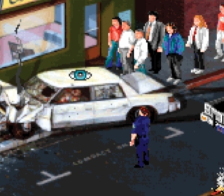 Accident scene with a white car crash, police officer, and bystanders in a city street, pixel art style.