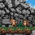 Pixelated Cave Fight: Monkey vs. Lion in Retro Jungle Adventure.