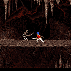 1. Skeletal figure attacking player on dark dungeon bridge scene.
