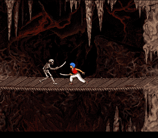 1. Skeletal figure attacking player on dark dungeon bridge scene.