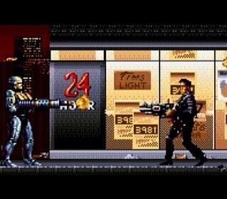 נוף עירוני עתידני עם סצנת קרב יריות עוצמתית מסייברפאנק 2077.