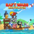 Explosive pirate boat battle in Raft Wars Multiplayer game with sharks and cannons.