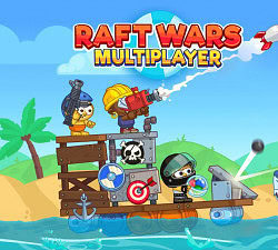 Colorful Raft Wars multiplayer game with pirates and sharks on the ocean.