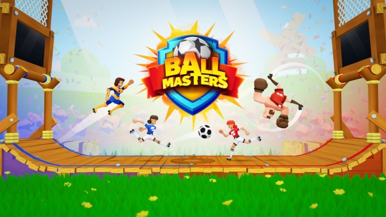 Soccer players in a playful match in the game Ball Masters on a vibrant stadium field.