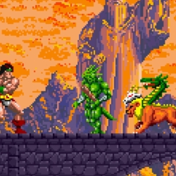 Epic Conan the Barbarian pixel art scene with warrior and mythical creatures.