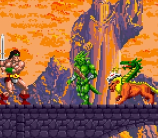 Epic Conan the Barbarian pixel art scene with warrior and mythical creatures.