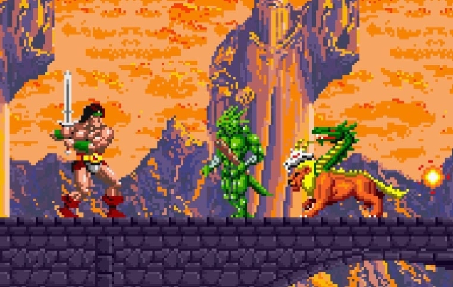 1. pixel art warrior battling green dragon and armored lizard in fantasy landscape.