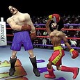 Boxing match between two animated characters in a virtual ring, featuring intense action and colorful attire.