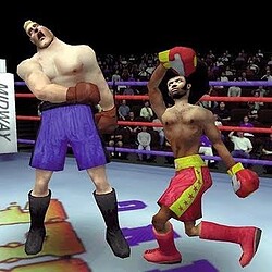 Boxing match between two animated characters in a virtual ring, featuring intense action and colorful attire.