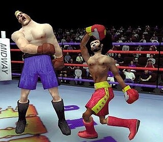 Boxing match between two animated characters in a virtual ring, featuring intense action and colorful attire.