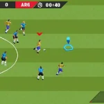 Dynamic soccer game simulation with players in action on a vibrant green field.