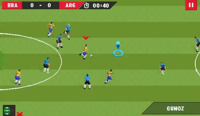 Dynamic soccer game simulation with players in action on a vibrant green field.