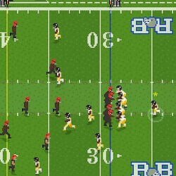 Pixelated football game gameplay with players on the field.