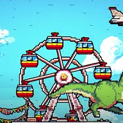 Bright pixel art of a T-Rex dinosaur, ferris wheel, and fighter jet in a retro arcade game scene.