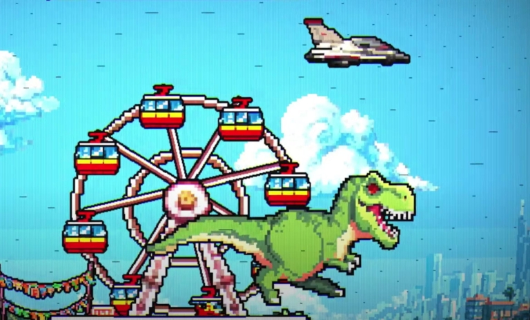 Colorful pixel art of a T-Rex dinosaur with a Ferris wheel and aircraft in the sky, inspired by arcade-style video games.