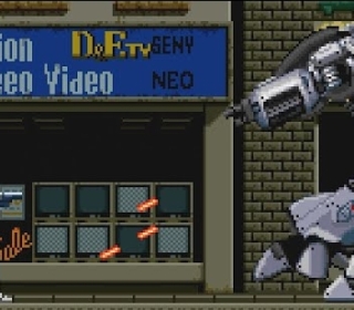 Giant robot battle in Robo Defense game scene. Classic 8-bit pixel art action and strategy gameplay.