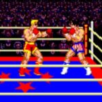 Boxing match between two fighters in a retro pixel art style game.