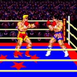 Boxing match between two fighters in a retro pixel art style game.