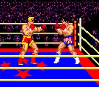 Boxing match between two fighters in a retro pixel art style game.
