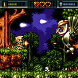 A pixel art action game with fast-paced battles in a forest setting.