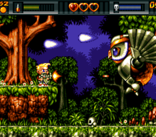 A pixel art action game with fast-paced battles in a forest setting.