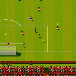 Retro pixelated soccer game gameplay with players on the field.
