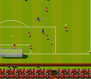 Retro pixelated soccer game gameplay with players on the field.