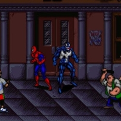 1. Pixel art street fighting game with superheroes and villains battling.