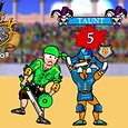 Colorful cartoon sword fight with a soldier and a jester in the Gladiator: Swords and Sandals game.