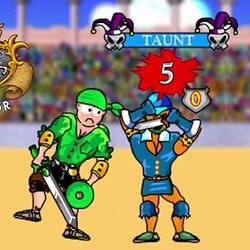 Epic battle in Swords and Sandals Gladiator game, featuring a clown and soldier combat.