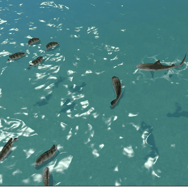 Shark Fishing game scene showing sharks and fish in a water setting.