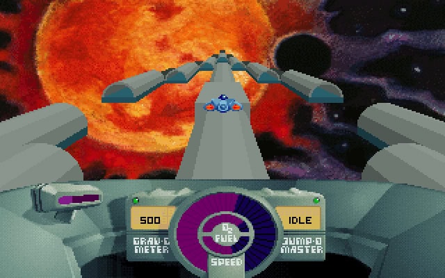 Retro spaceship racing game in outer space with vibrant graphics and classic arcade style.