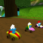 Smurfs racing in go-karts on a colorful track, showcasing fun and vibrant gameplay.