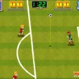 Fast-paced soccer arcade game with cartoon characters and simple controls.