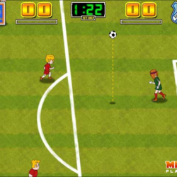 Soccer game with cartoon characters on a virtual field for fun online gameplay.