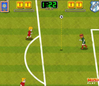 Soccer game with cartoon characters on a virtual field for fun online gameplay.