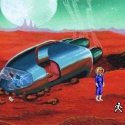 Exploring the Mars landscape with a crash-landed spaceship and pixel art astronaut.