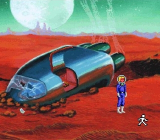 Exploring the Mars landscape with a crash-landed spaceship and pixel art astronaut.