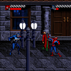 Villain battles in classic Spider-Man arcade game, fighting enemies under street lamps.