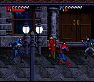 Night Fight game pixel art scene with Spider-Man, Venom, and allies in urban combat.